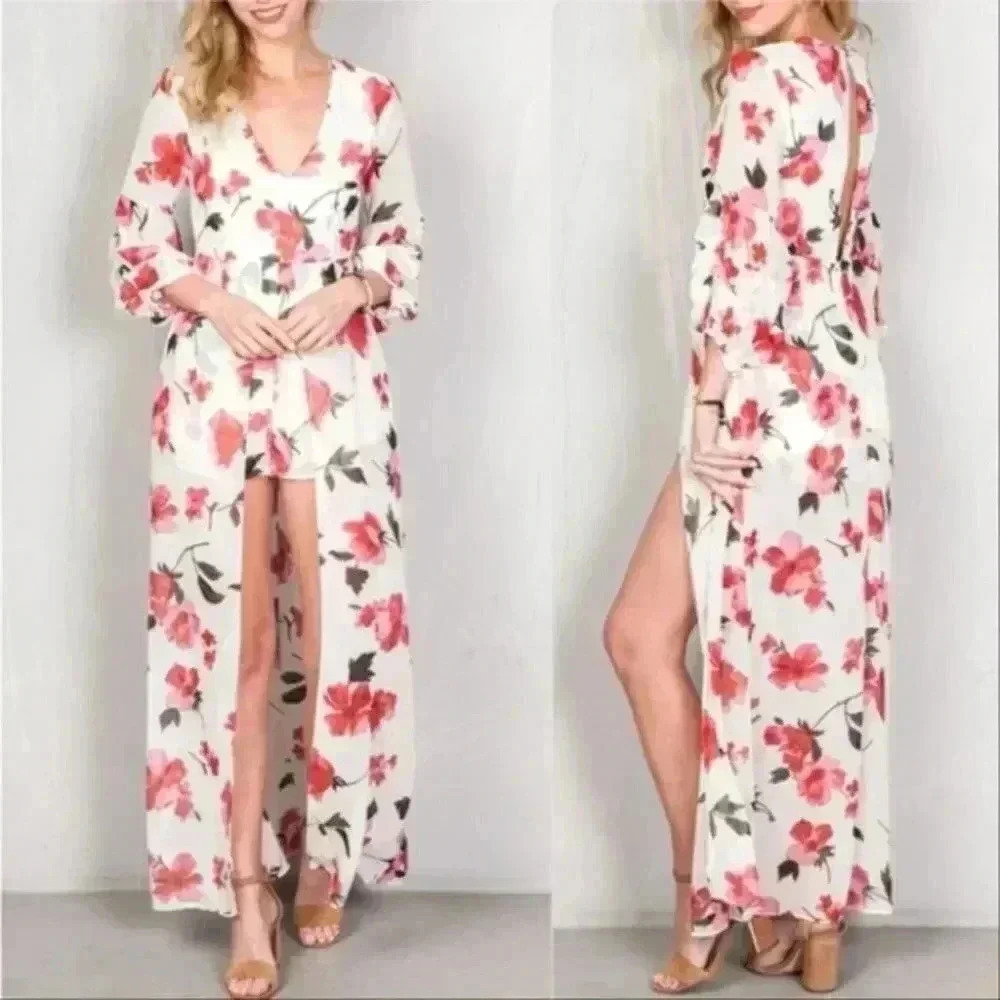 LOVELY FLORAL ROMPER WITH MAXI SKIRT